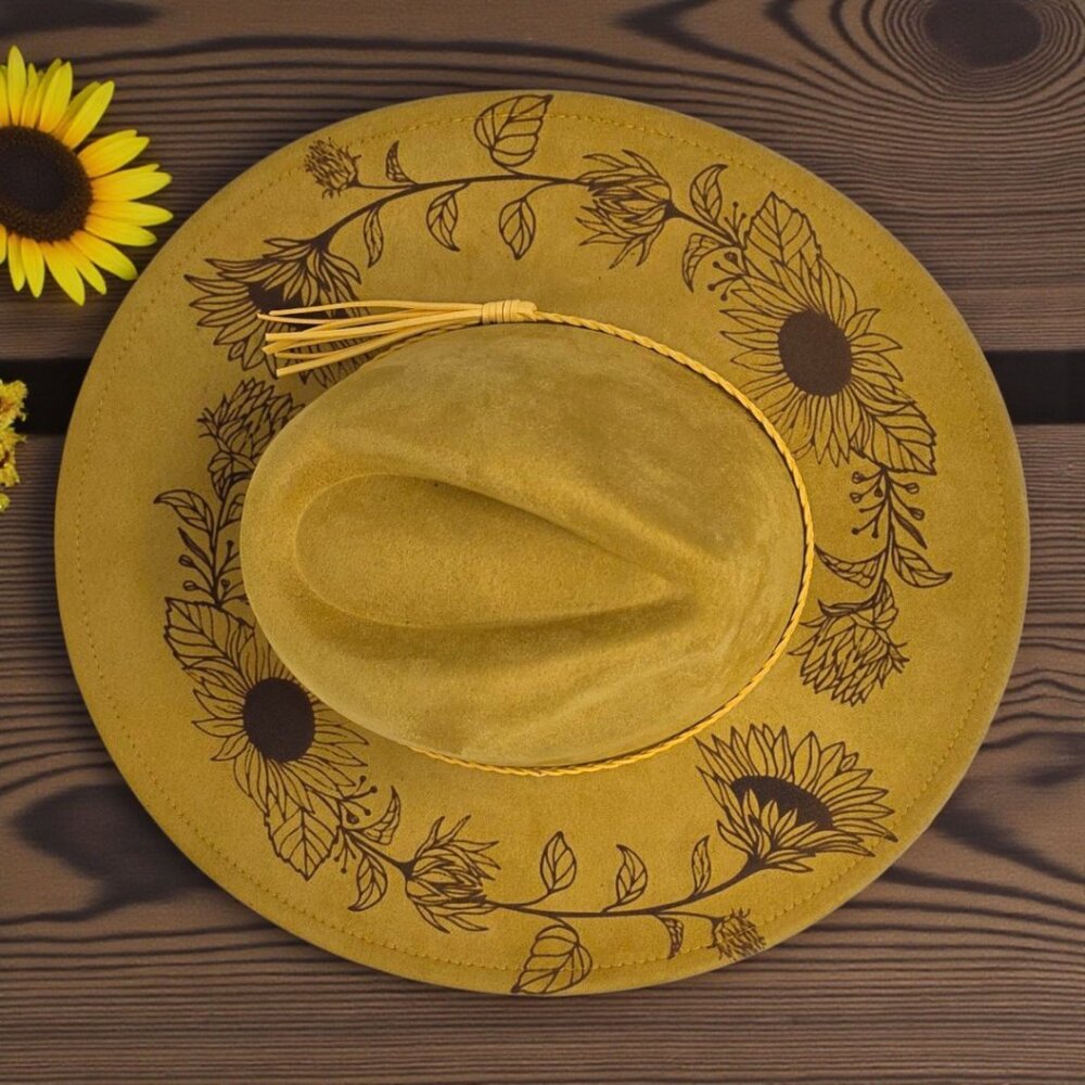 Vegan Suede Wide-Brim Hat – Laser Engraved Sunflower Design